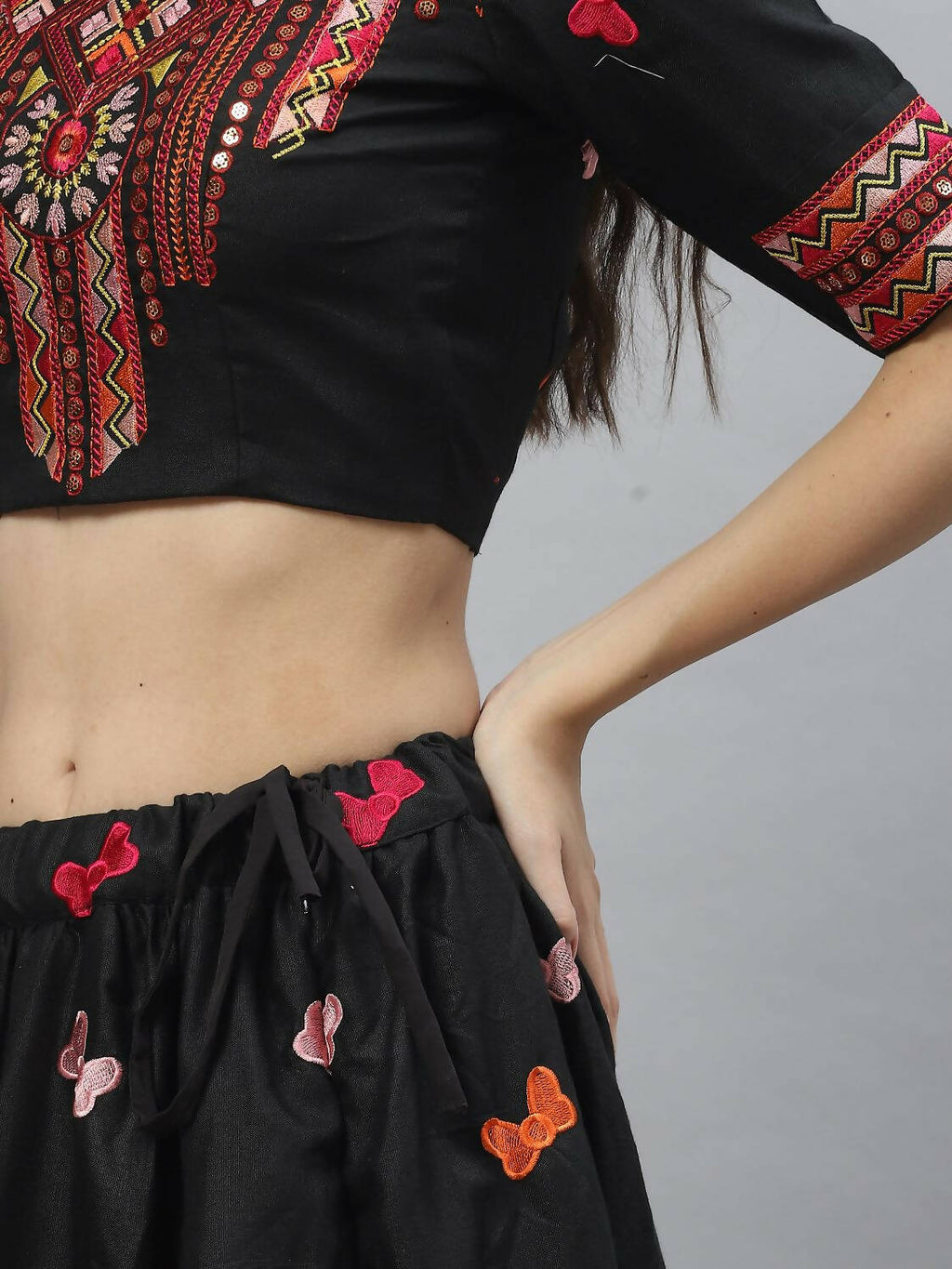 Black Cotton Embroidered Work Lehenga Choli with Dupatta - Jivika