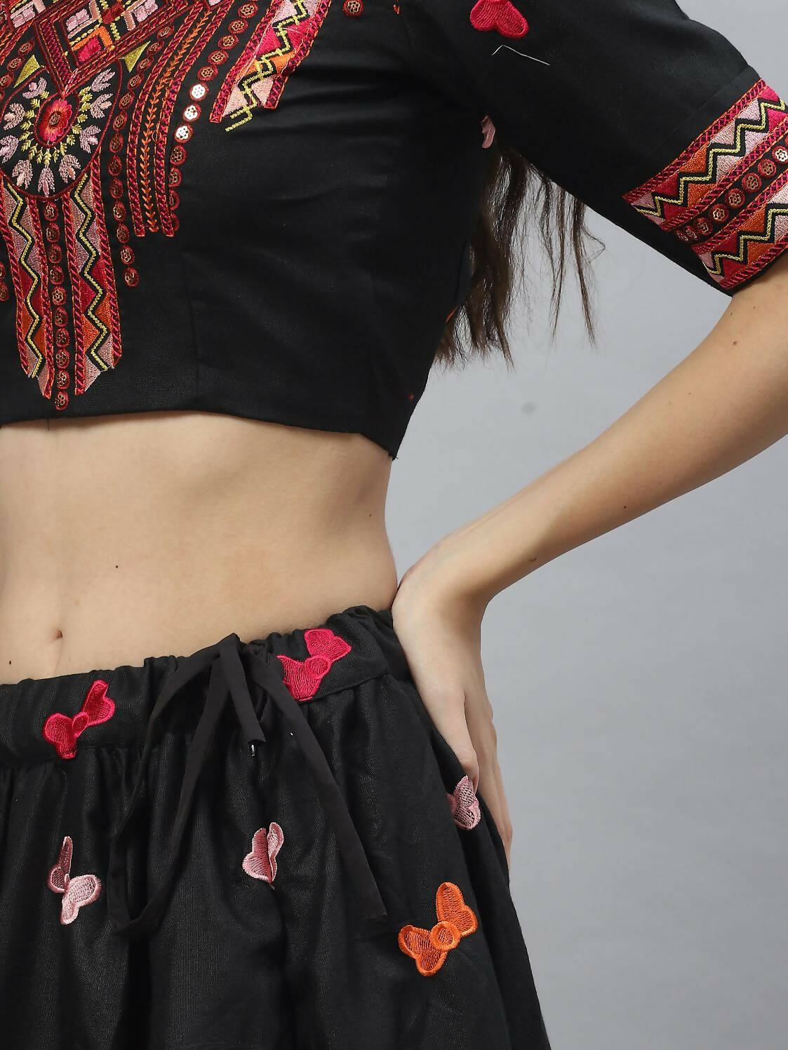 Black Cotton Embroidered Work Lehenga Choli with Dupatta - Jivika