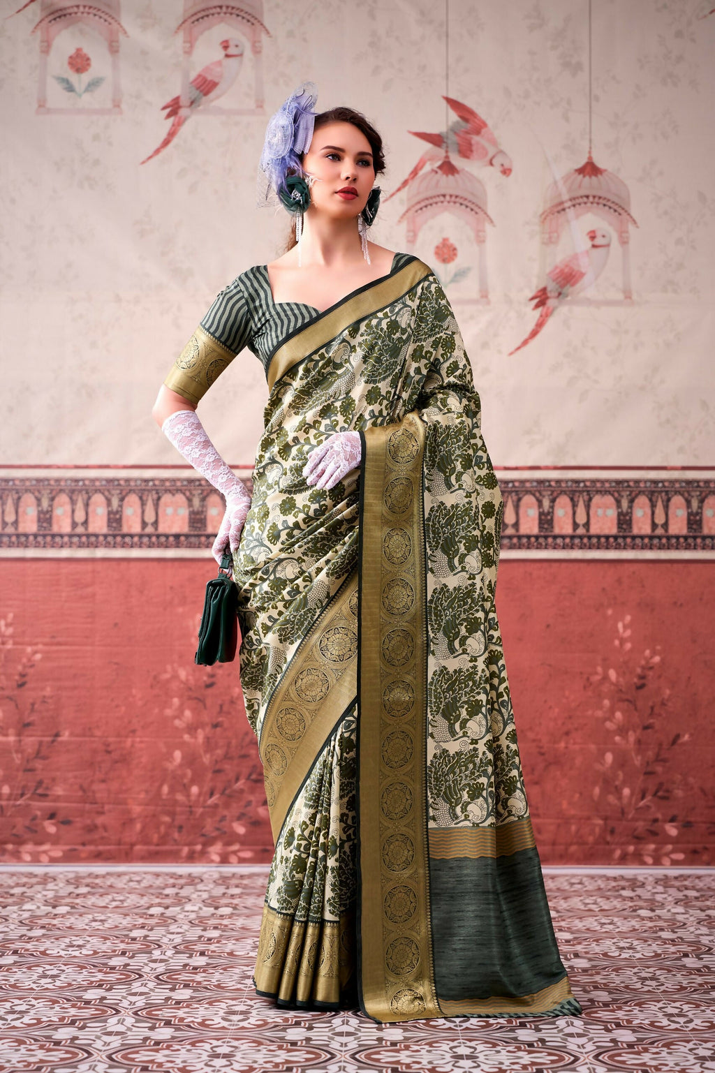 Vastranavya Mehendi Tussar Silk Printed with Viscose Border Saree & Unstitched Blouse - Distacart