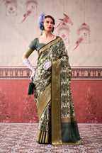 Vastranavya Mehendi Tussar Silk Printed with Viscose Border Saree & Unstitched Blouse - Distacart