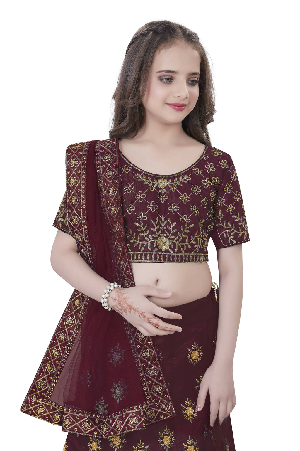 Dwiden Maroon Lehriyu Tafetta Sattin Semi-Stitched Girl's Lehenga Choli