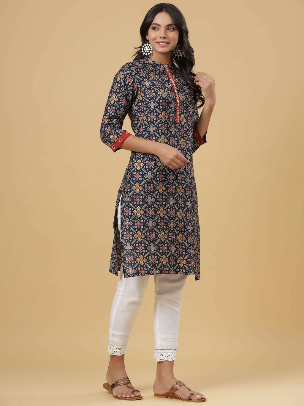 Juniper Women's Navy Printed Straight Knee Length Kurta - Distacart
