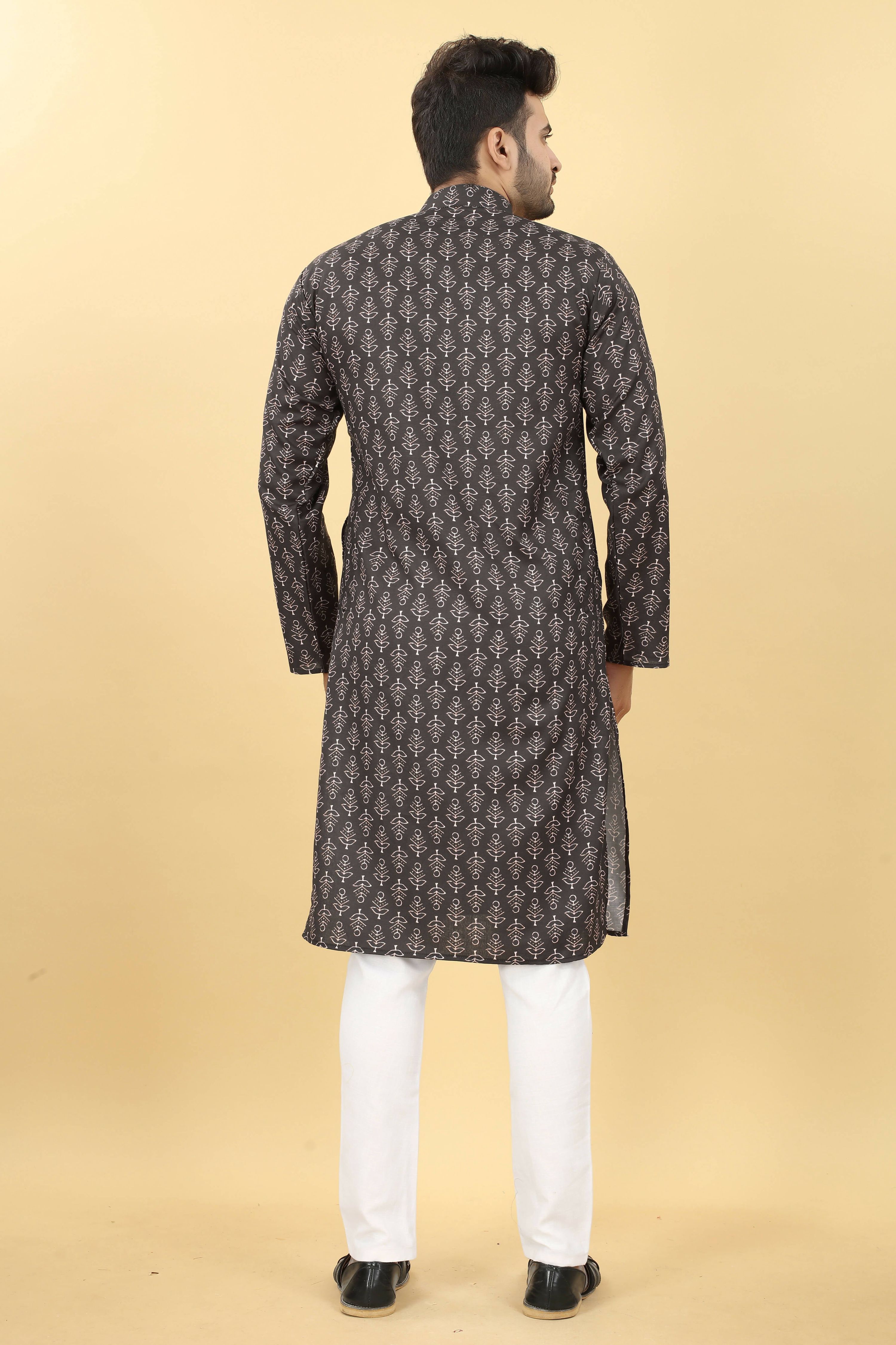 Black Cotton Printed Men's Kurta - Mahotsav