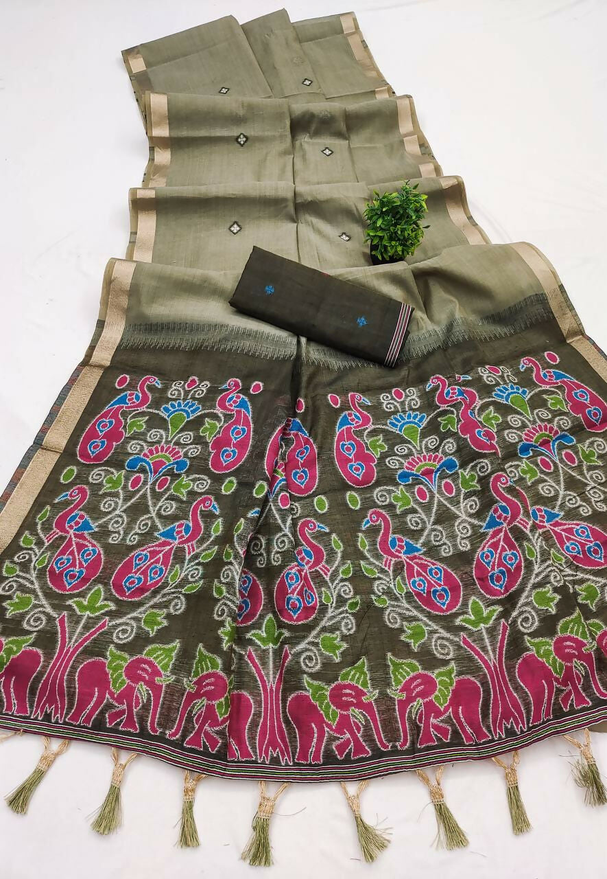 Vastranavya Mehendi Muga Cotton Meenakari & Azarakh Pallu Saree with Contrast Blouse - Distacart