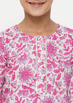 Little Bansi Boys Cotton Floral Kurta with Pearl Buttons & Pyjama in Pink & Cream