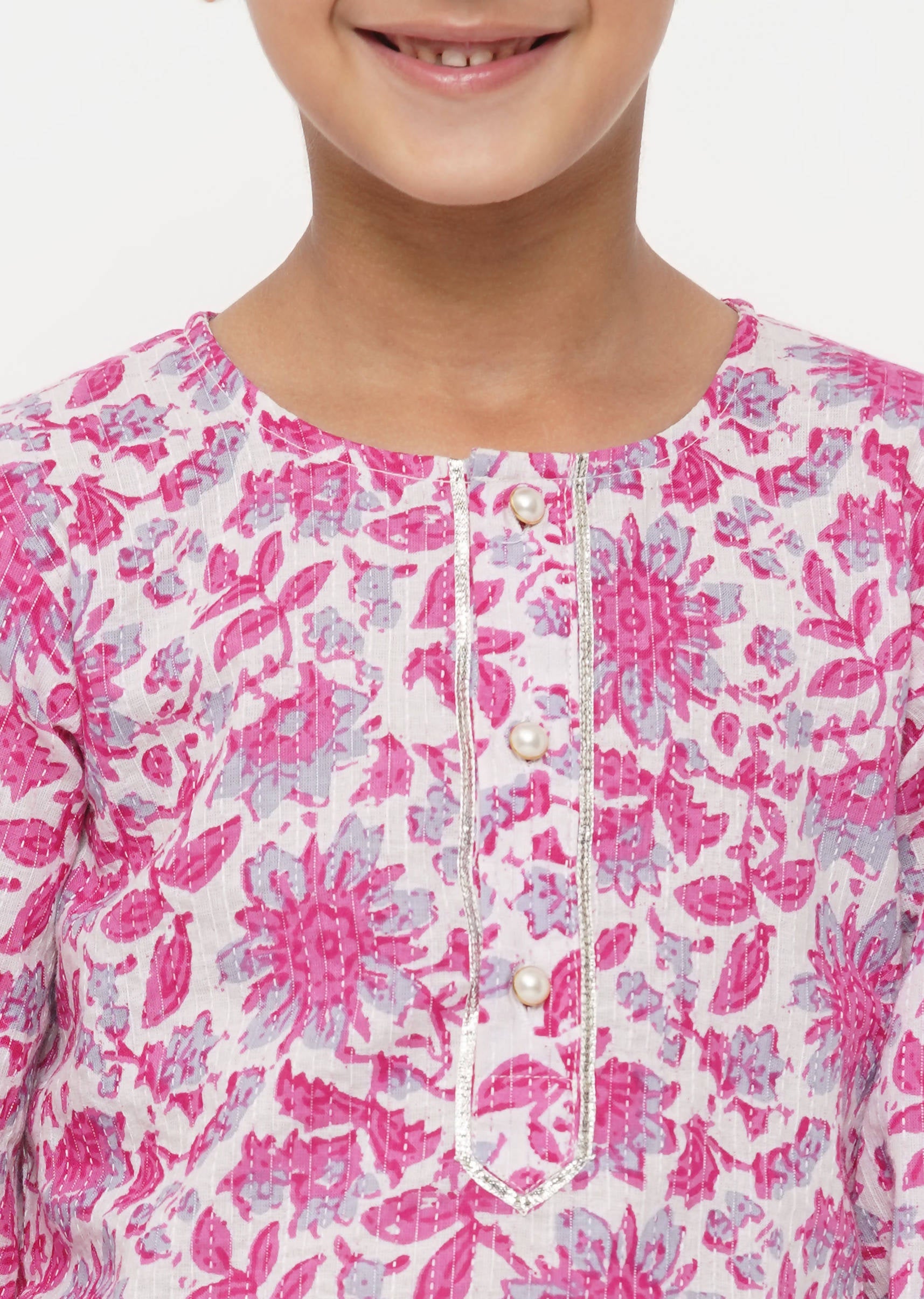 Little Bansi Boys Cotton Floral Kurta with Pearl Buttons & Pyjama in Pink & Cream