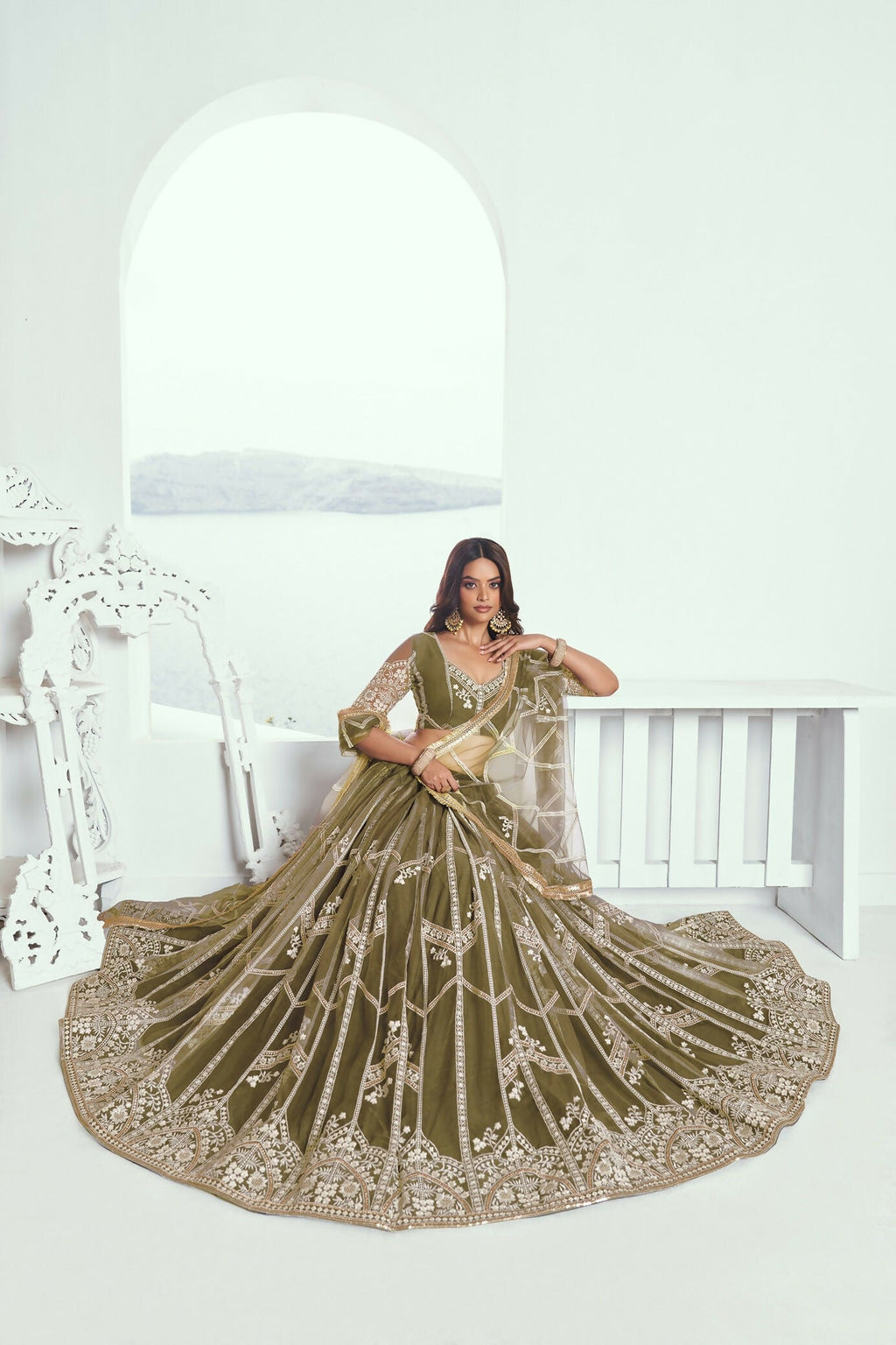 Eilara Adorable Olive Green Sequins Net Mehendi Wear Lehenga Choli