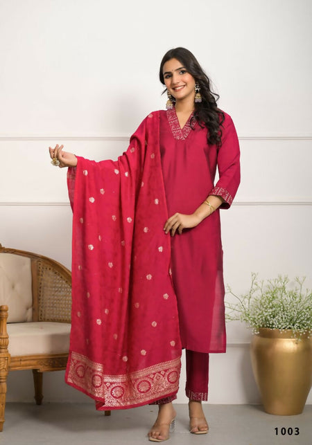 Festive Wear Ethnic Red Viscose chanderi Stitched Suit With Dupatta - Nisha