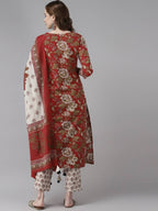 Yufta Women Maroon Floral Printed Regular Thread Work Pure Cotton Kurta with Palazzo & With Dupatta