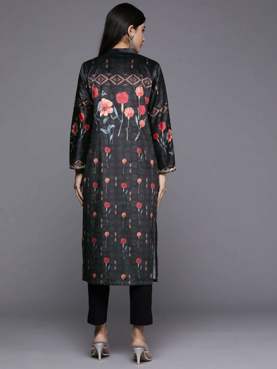 Ahalyaa Women Black & Red Floral Printed Gotta Patti Floral Velvet Kurta - Distacart