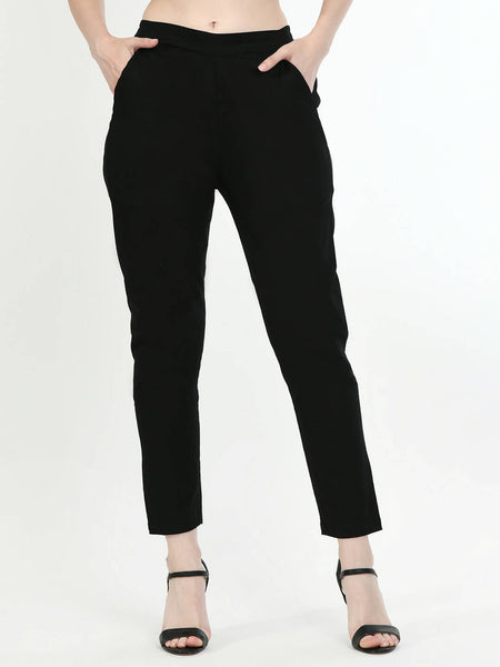 Women's Black Front Waist Band, Back Elasticated, With Pockets Pant - G & A Apparels