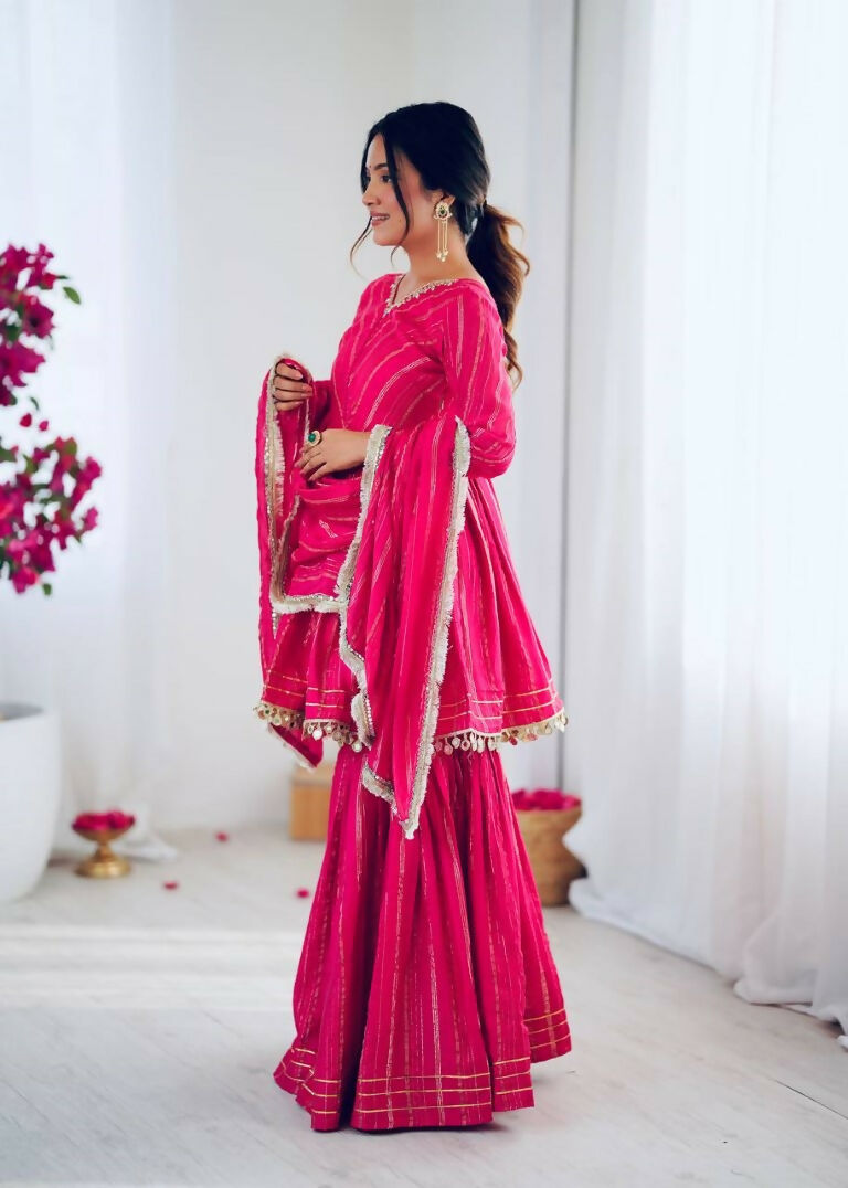 Teeya Creation Pink Color Mal Chanderi Silk Mirror Work And Hand Work Sharara set - Distacart