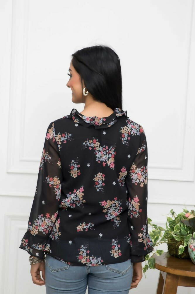 Myshka Women Black Floral V-Neck Regular Sleeves Synthetic Georgette Top - Distacart