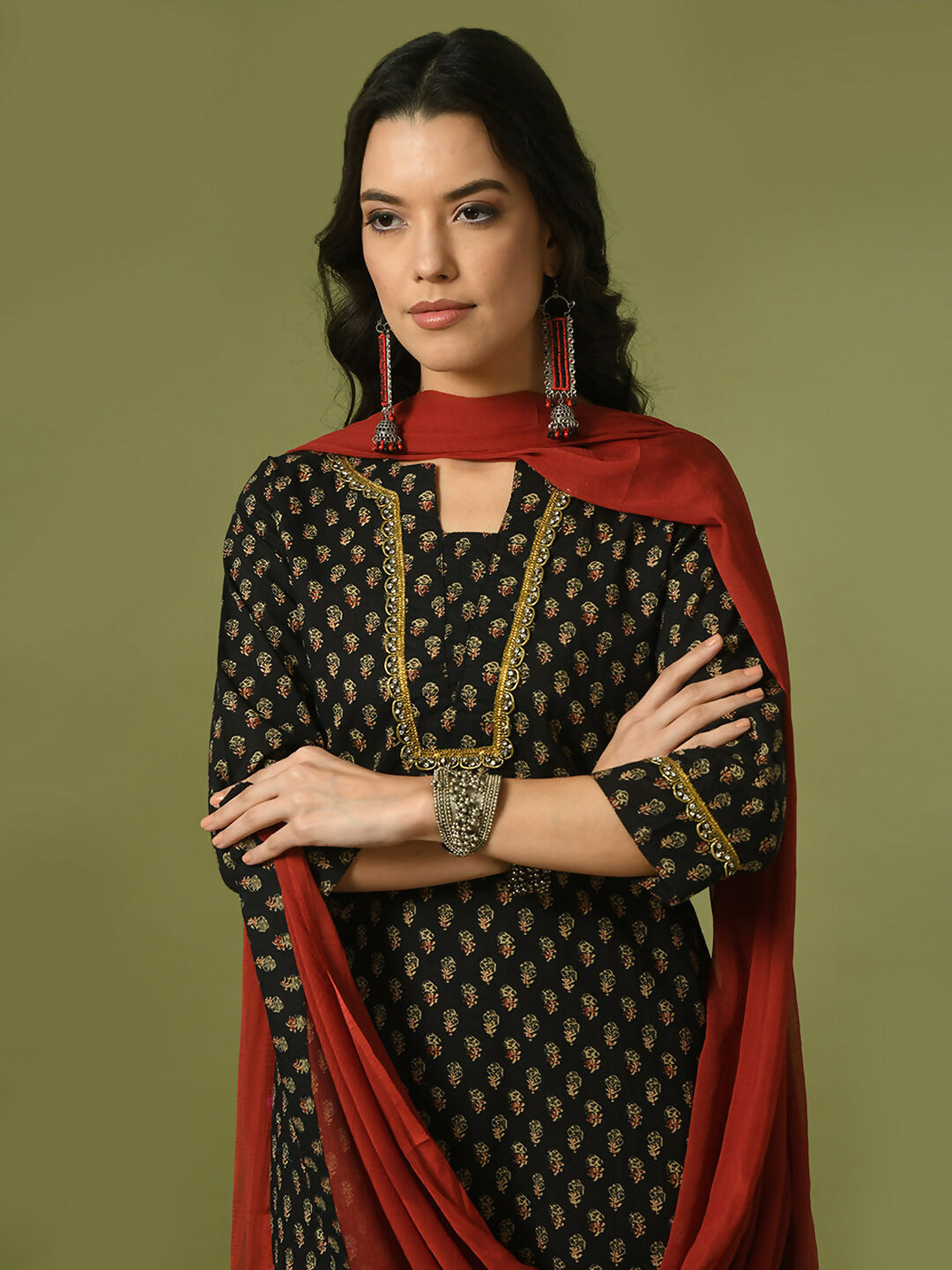 Myshka Women's Black Printed Cotton Straight Party Kurta Set With Dupatta
