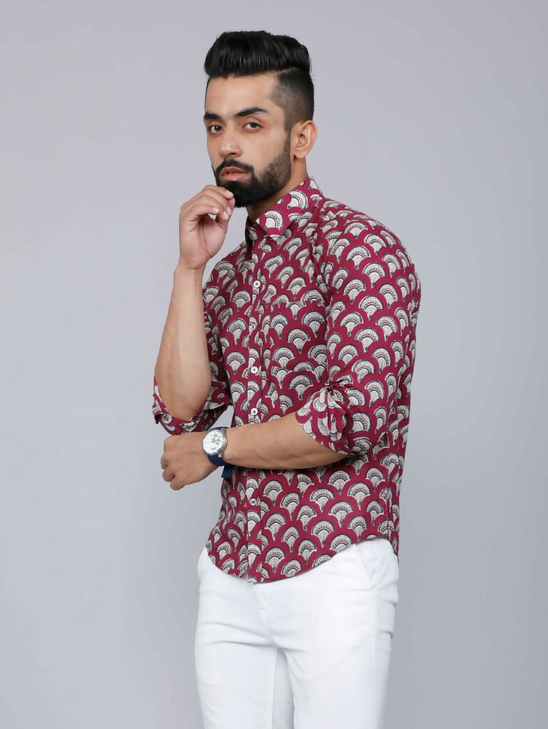 Miravan Men's Cotton Maroon Floral Printed Slim Fit Shirt