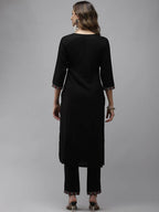 Yufta Women Black Yoke Design Thread Work Kurta with Trouser