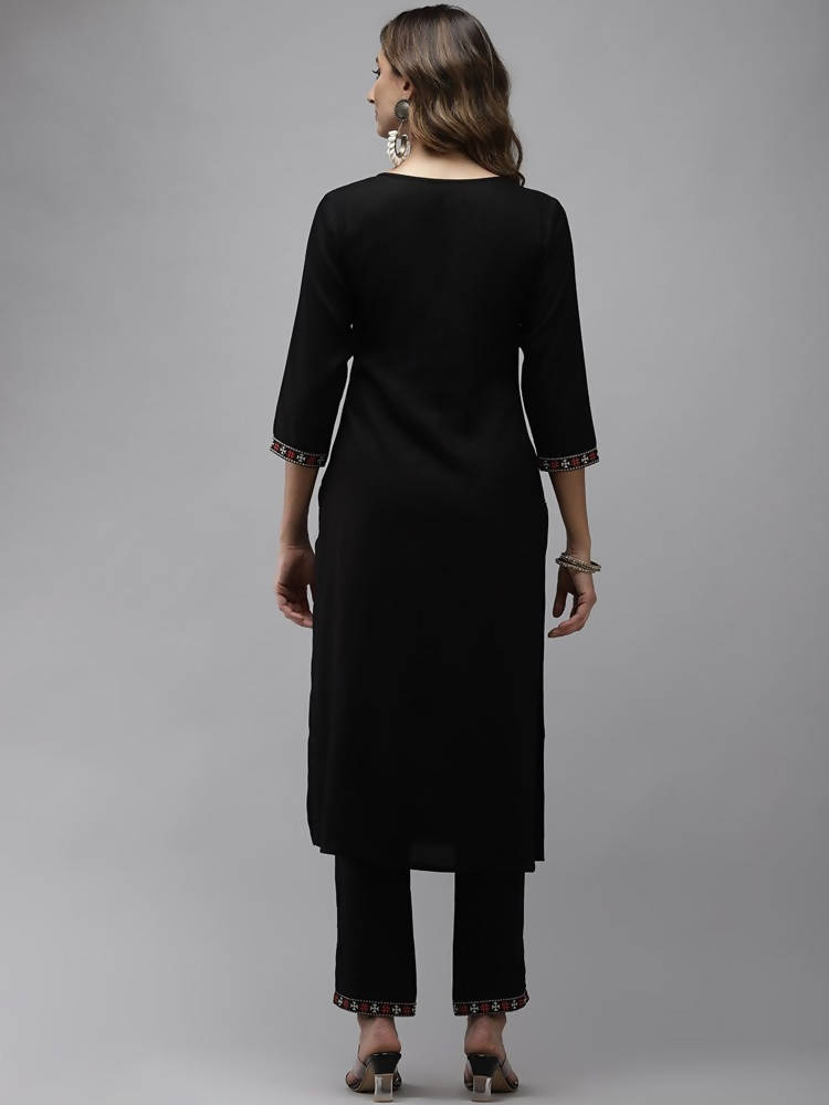 Yufta Women Black Yoke Design Thread Work Kurta with Trouser