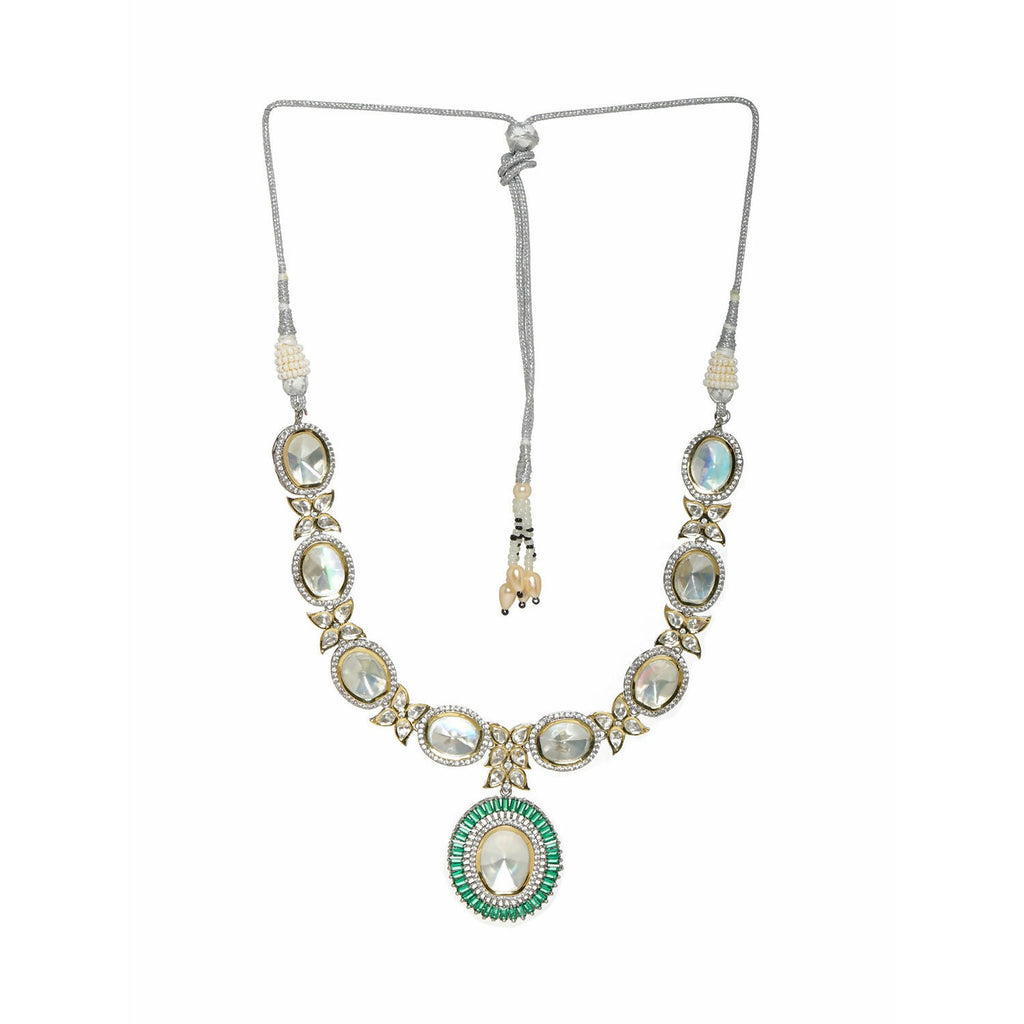 Gold and Silver Tone Neckpiece with Green Center Piece (Silver) - Ruby Raang
