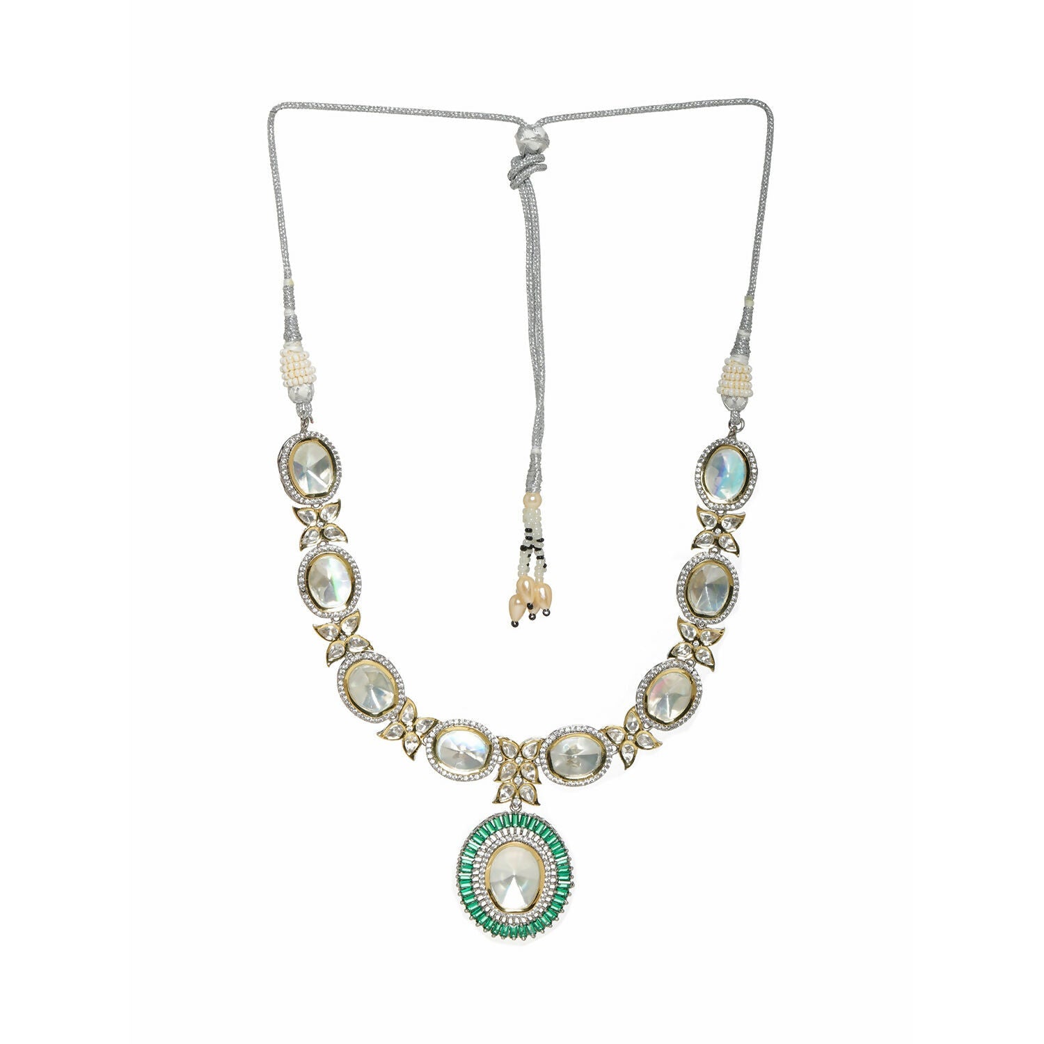 Gold and Silver Tone Neckpiece with Green Center Piece (Silver) - Ruby Raang