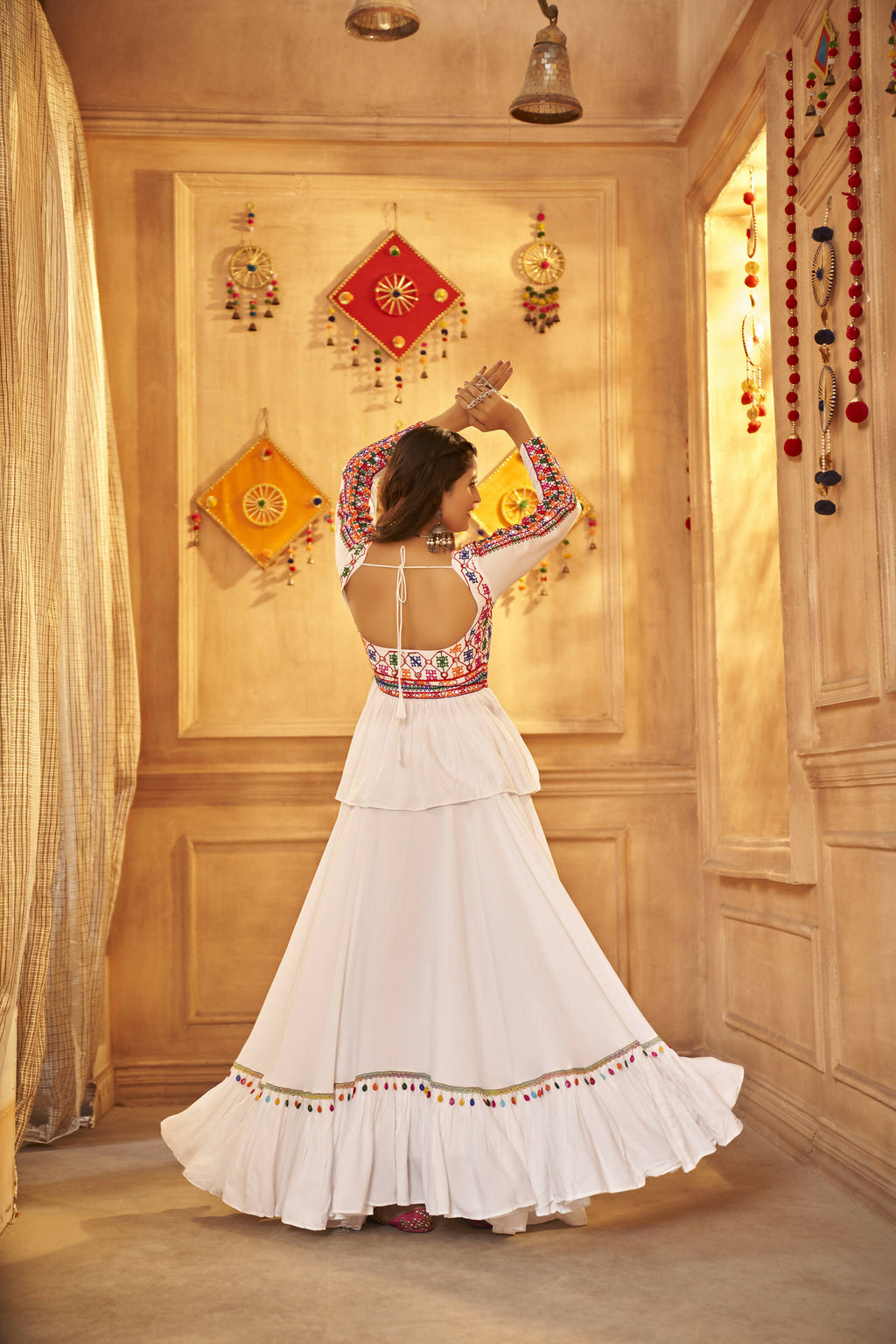 White Viscose Rayon Navratri Lehenga Choli With Dupatta - Raas