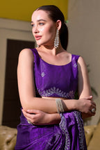 Vastranavya Purple-Blue Embroidery Work Shimmer Chiffon Saree with Unstitched Blouse - Distacart
