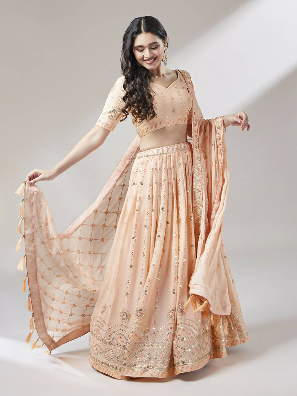 House of Panchhi Women Peach Pure Georgette Embroidered Lehenga & Blouse, Dupatta
