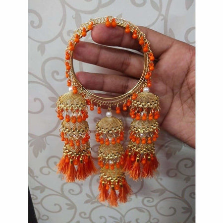 MS Fashion India Stylish Gold Color Hanging Jhumka Bangles With Pearls, Threads