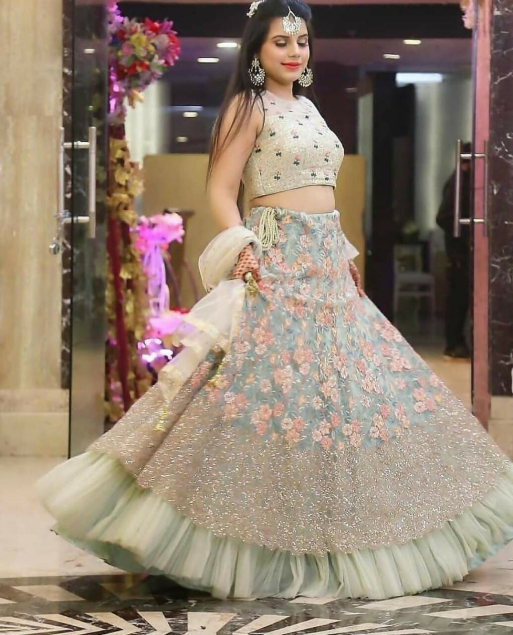 Jyoti Fashion Sea Green 3mm with Thread and Jari Embroidery Net Lehenga Choli with Dupatta