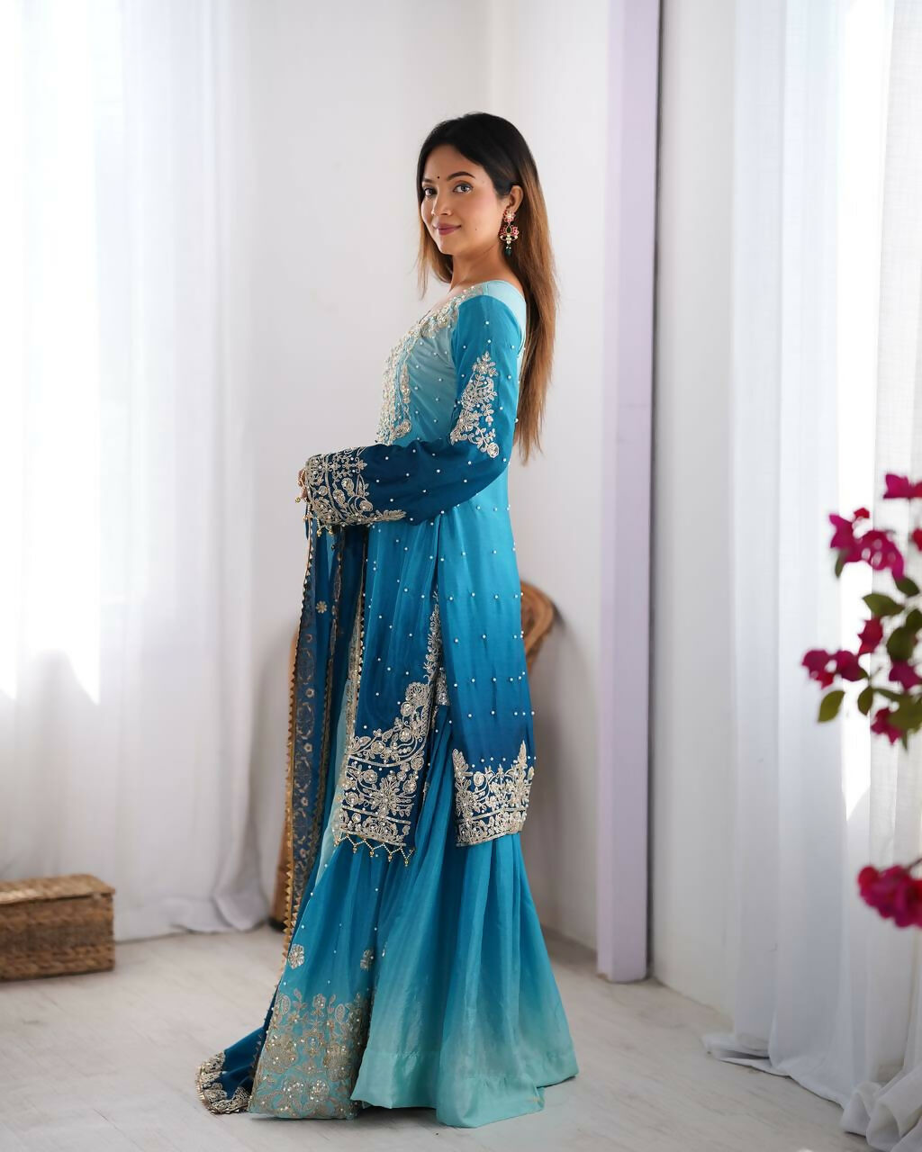The52 Women's Beautiful Chinon silk Fabric Embroidery Work Straight Kurta Palazzo and Dupatta Set - Distacart