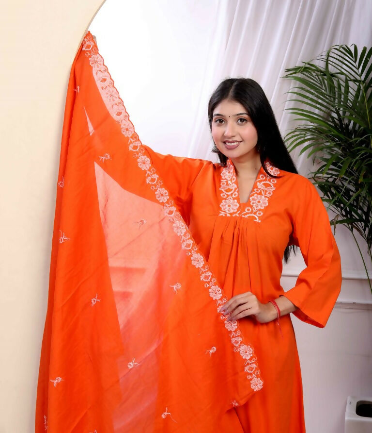 Miravan Women's Orange Cotton Embroidered A-Line Kurta And Palazzo With Dupatta Set