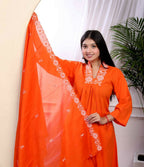 Miravan Women's Orange Cotton Embroidered A-Line Kurta And Palazzo With Dupatta Set