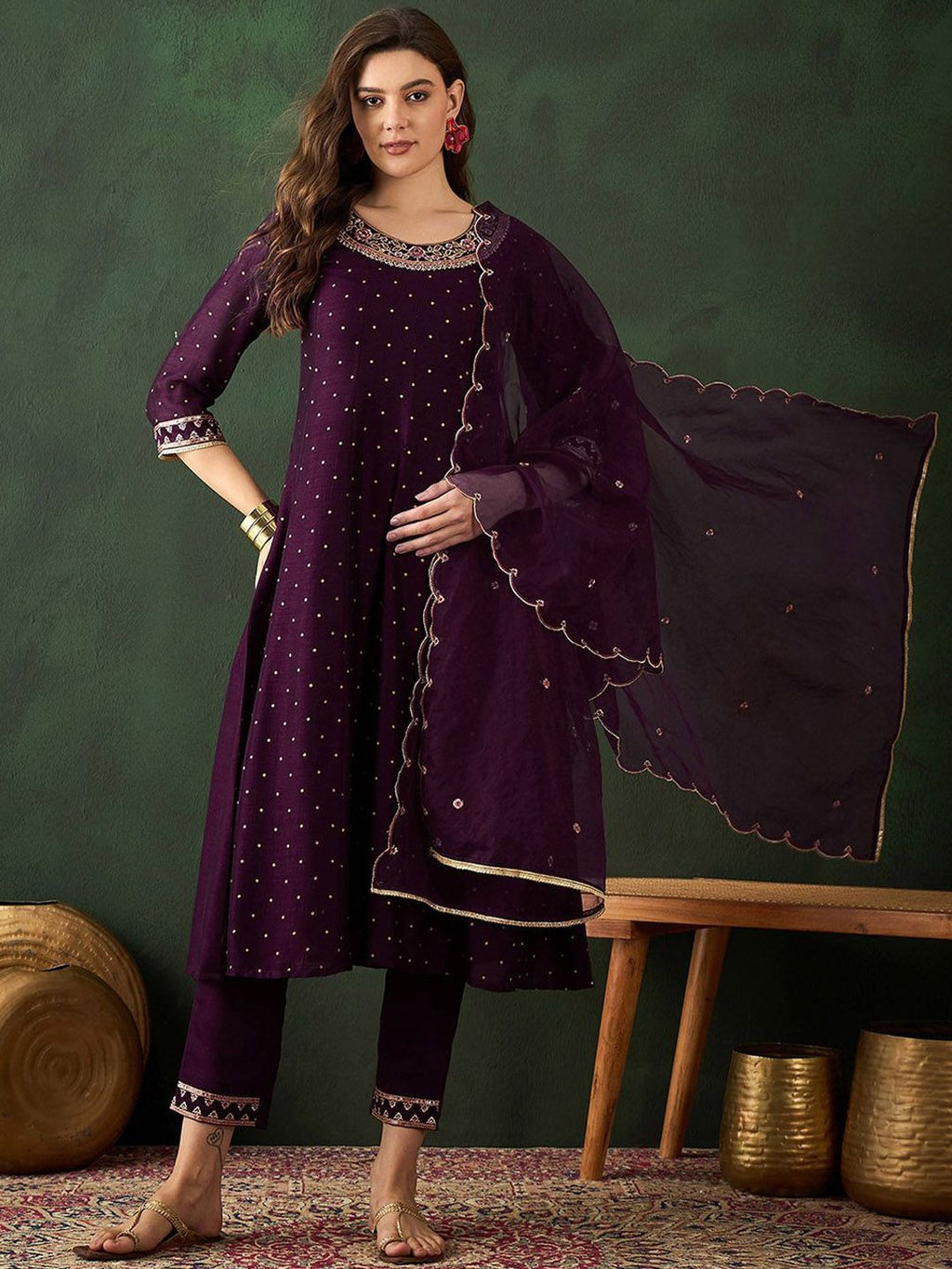 Sangria Floral Embroidered Kurta with Trouser & Dupatta
