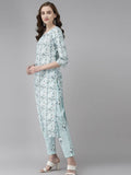 Yufta Women Blue & White Floral Printed Pure Cotton Kurta with Trouser & Dupatta