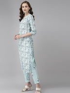 Yufta Women Blue & White Floral Printed Pure Cotton Kurta with Trouser & Dupatta
