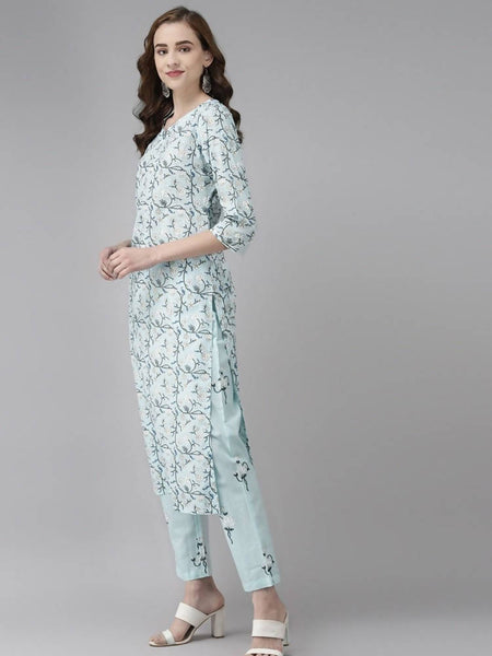 Yufta Women Blue & White Floral Printed Pure Cotton Kurta with Trouser & Dupatta