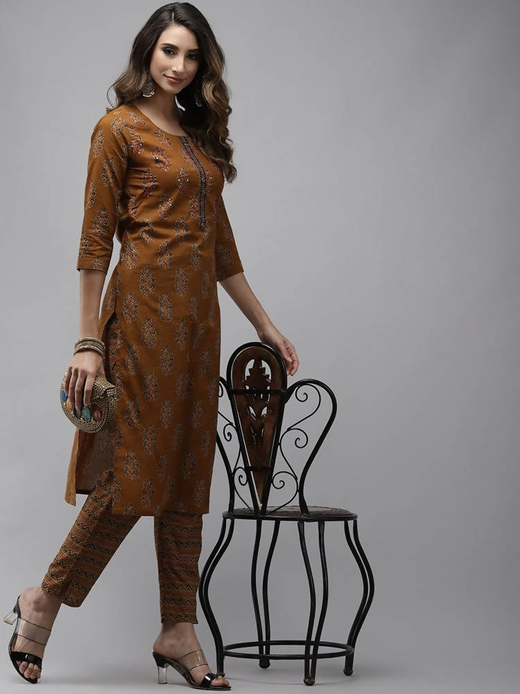 Yufta Women Mustard Brown Sequinned Pure Cotton Kurta with Trouser
