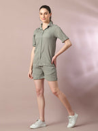 Myshka Women's Grey Solid Shirt Collar Party Shirt With Shorts Co-ord set