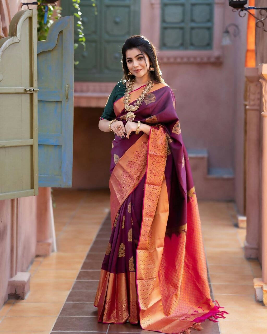 DEIANA'S Beautiful Designer Golden zari Soft Lichi Silk Saree - Wine