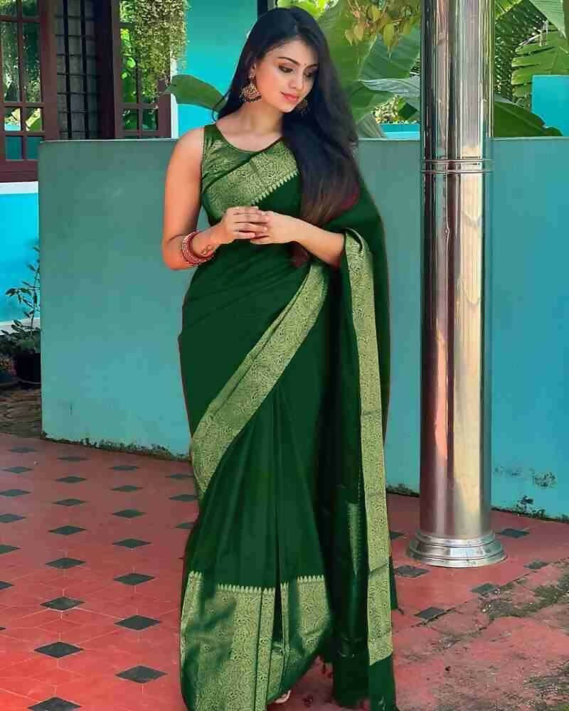 DEIANA'S Beautiful Designer Golden zari Soft Lichi Silk Saree - P Green