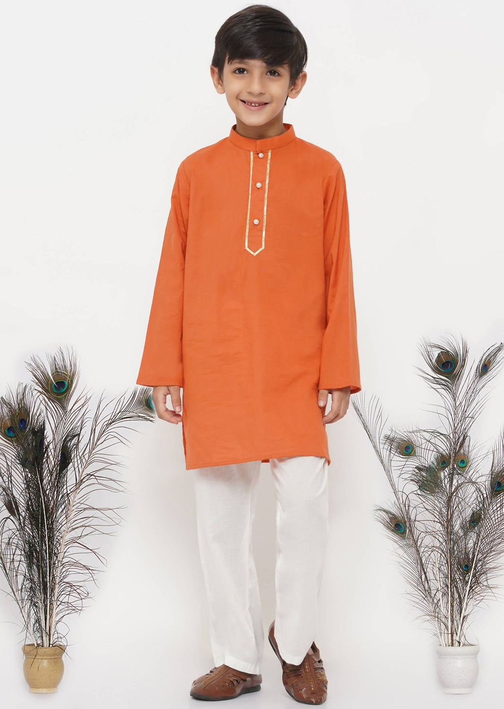Little Bansi Boys Cotton Kesari Kurta with Pearl Buttons and Pyjama -Orange and Cream