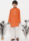 Little Bansi Boys Cotton Kesari Kurta with Pearl Buttons and Pyjama -Orange and Cream