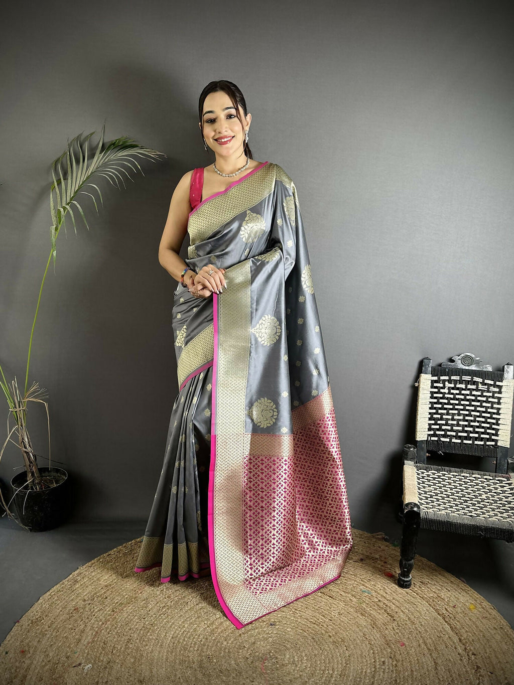 Joban Fashion Grey Woven Butti Soft Silk Banarasi Silk Saree - Distacart