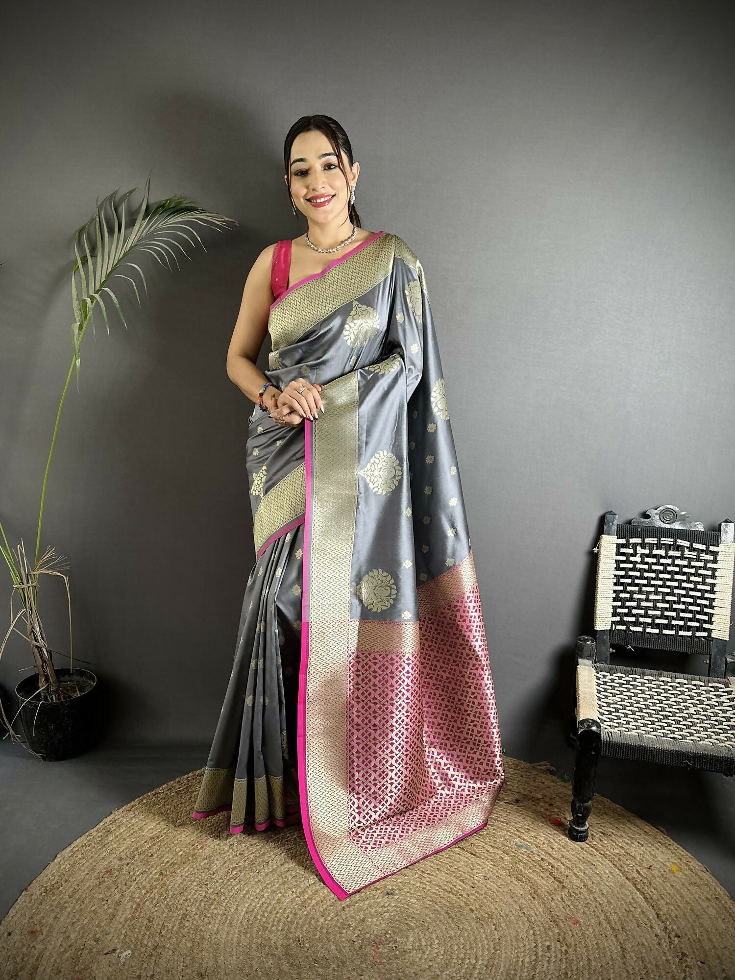 Joban Fashion Grey Woven Butti Soft Silk Banarasi Silk Saree - Distacart