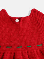 Chutput Kids Woollen Hand Knitted Short Sleeves Flower Detail Dress For Baby Girls - Red