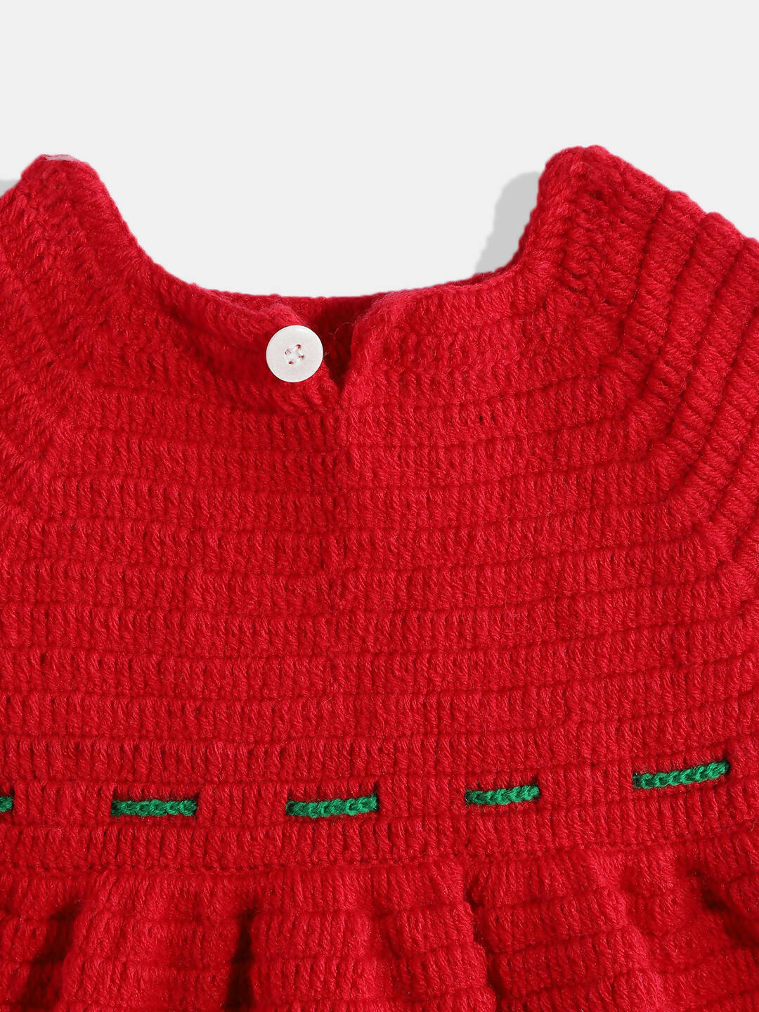 Chutput Kids Woollen Hand Knitted Short Sleeves Flower Detail Dress For Baby Girls - Red