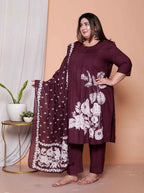 Miravan Womens Plus Size Wine Floral Kurta With Palazzo And Dupatta Set - Distacart
