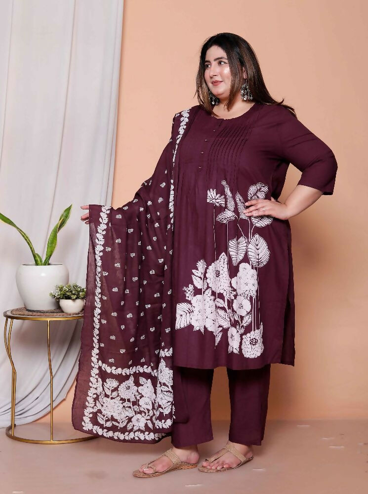Miravan Womens Plus Size Wine Floral Kurta With Palazzo And Dupatta Set - Distacart