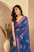 Vastranavya Blue Digital Printed Linen Ready To Wear Pocket Saree with Unstitched Blouse - Distacart
