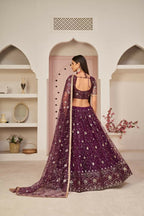 Aastha Fashion Wine Butterfly Net All Over Thread Work, Zari Work And Sandwich Sequence Work Embroidery Wedding Wear Lehenga Choli