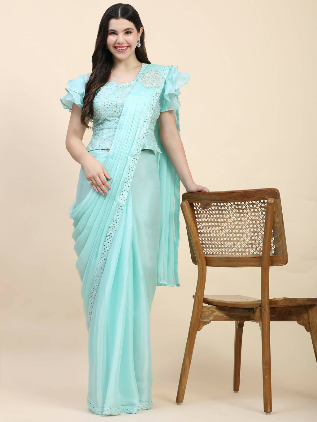 Light Blue Silk Satin Sequence Work Ready to Wear Saree with stitched Blouse - Nirvana